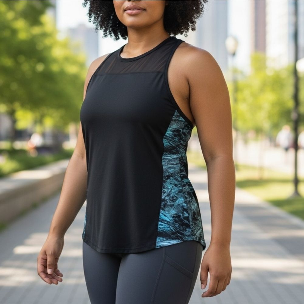 Ashley Blue Black Sleeveless Top Mesh Yoke Active Blouse Size L